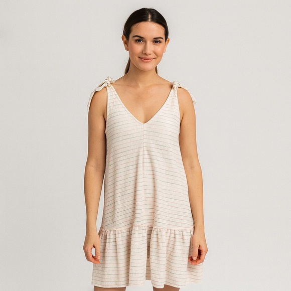 LOFT Bow Strap Button Front Linen Stripes Flounce Dress Ivory Multi-Color Medium - Picture 1 of 14